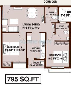 Floor plan of 2 BHK 795 Sq. Ft. Apartment in Arun Excello Four Green, Chennai