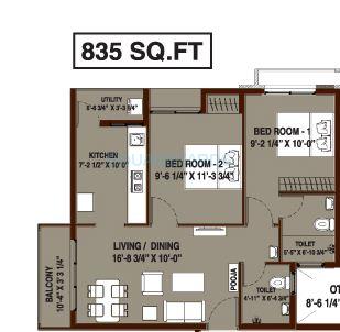 Floor plan of 2 BHK 835 Sq. Ft. Apartment in Arun Excello Four Green, Chennai