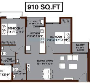 Floor plan of 2 BHK 910 Sq. Ft. Apartment in Arun Excello Four Green, Chennai