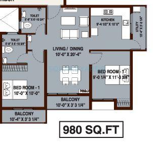 Floor plan of 2 BHK 980 Sq. Ft. Apartment in Arun Excello Four Green, Chennai