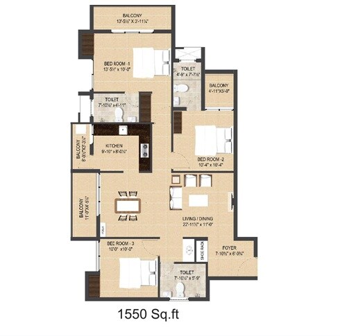 Floor plan of 3 BHK 1550 Sq. Ft. Apartment in Arun Excello Four Green, Chennai