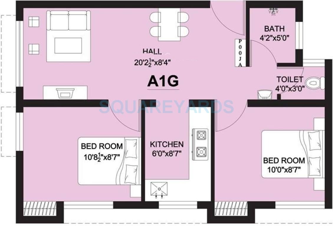Floor plan of 2 BHK Apartment - 545 sq. ft. in Arun Excello Lathangi, Chennai