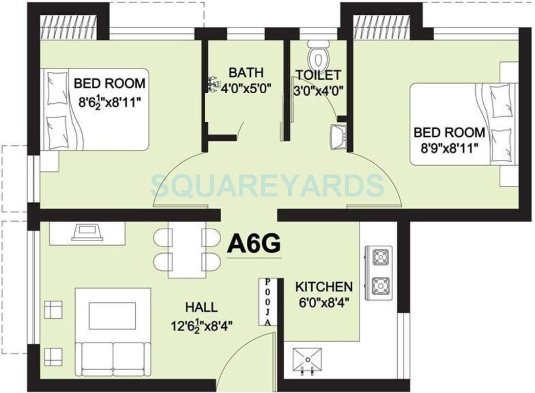 Floor plan of 2 BHK Apartment - 585 sq. ft. in Arun Excello Lathangi, Chennai