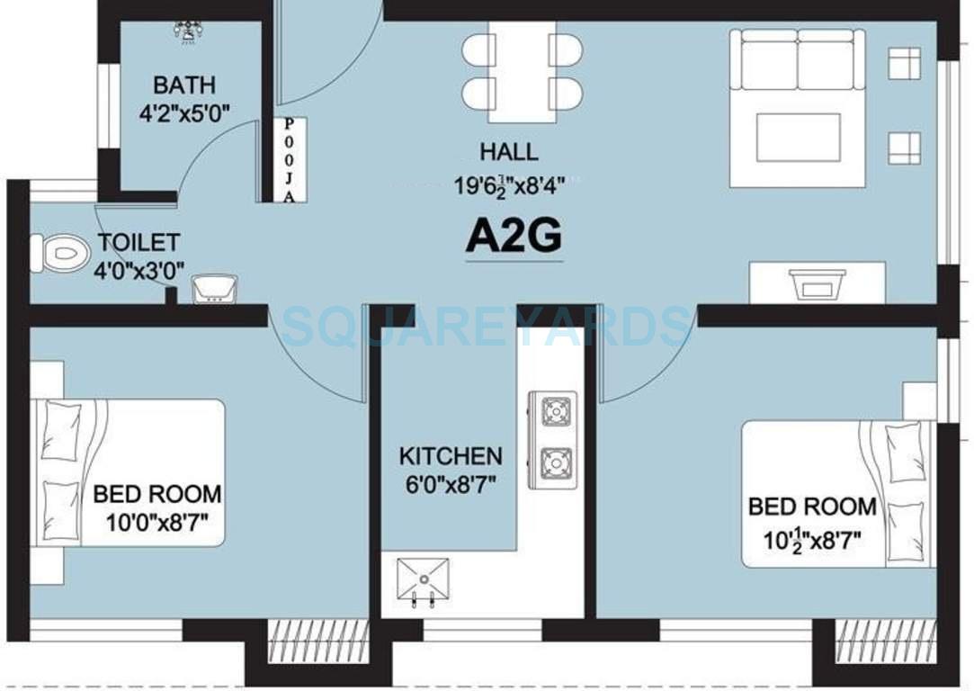 Floor plan of 2 BHK Apartment - 615 sq. ft. in Arun Excello Lathangi, Chennai