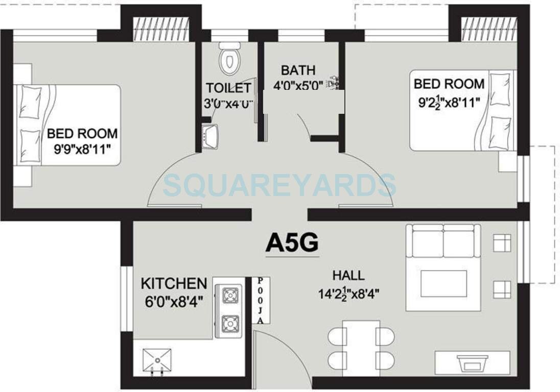 Floor plan of 2 BHK Apartment - 660 sq. ft. in Arun Excello Lathangi, Chennai