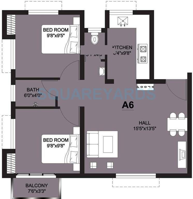 Floor plan of 2 BHK Apartment - 725 sq. ft. in Arun Excello Lathangi, Chennai