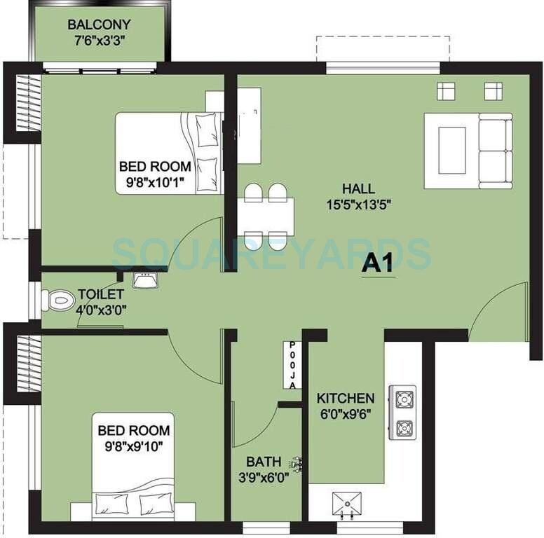 Floor plan of 2 BHK Apartment - 755 sq. ft. in Arun Excello Lathangi, Chennai