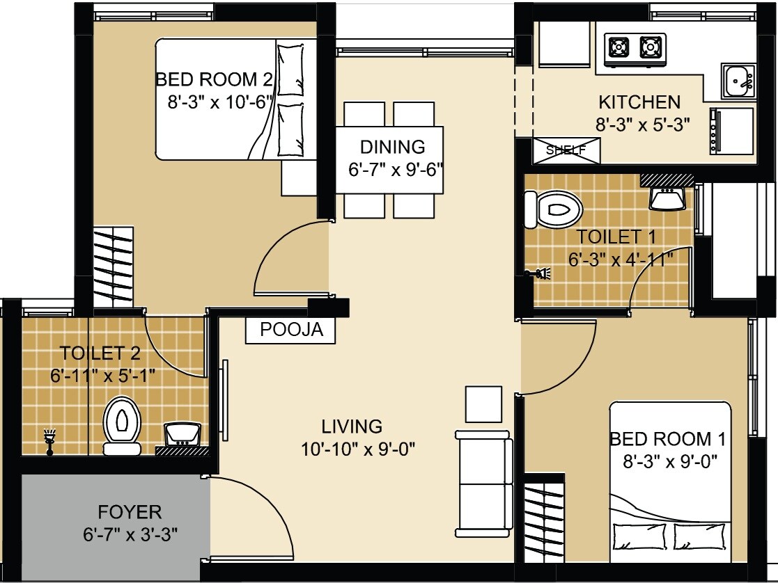 2 BHK 665 Sq. Ft. Apartment