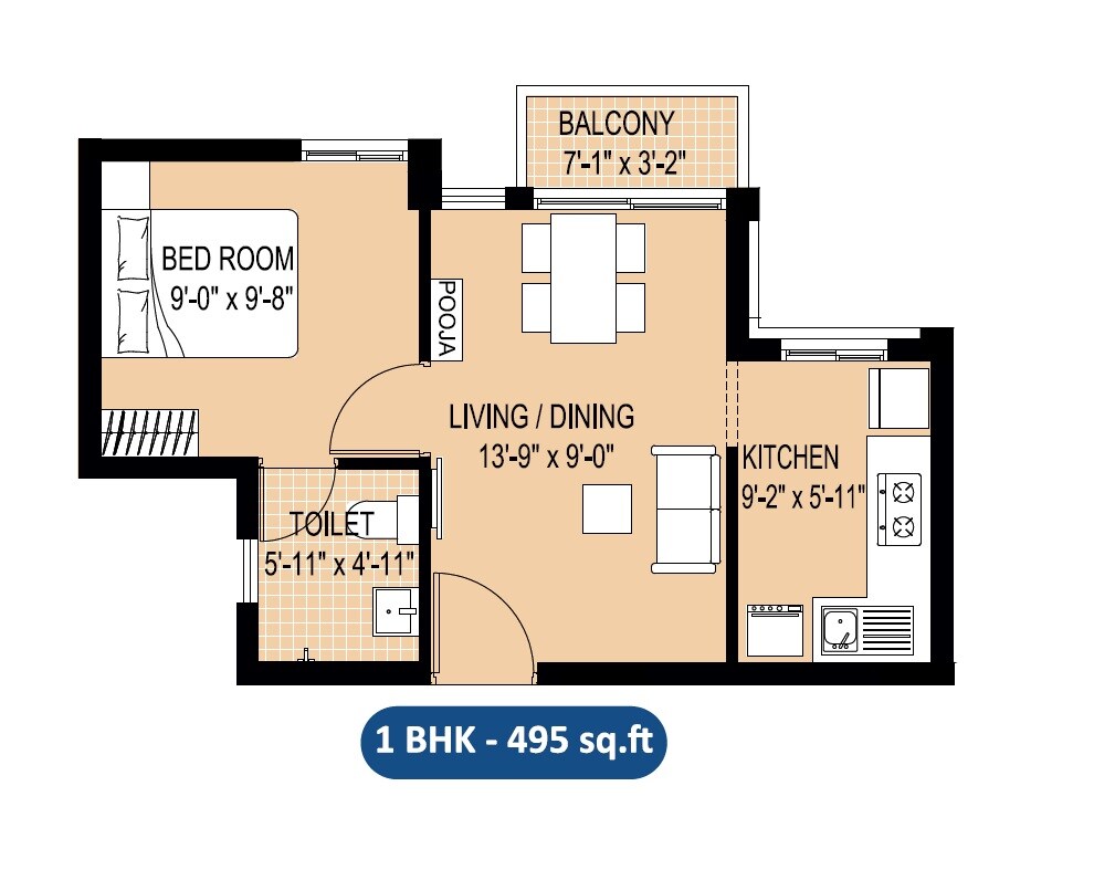 Floor plan of 1 BHK 495 Sq. Ft. Apartment in Arun Excello Sharada, Chennai