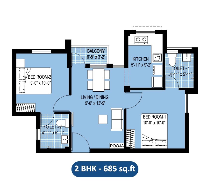 Floor plan of 2 BHK 685 Sq. Ft. Apartment in Arun Excello Sharada, Chennai