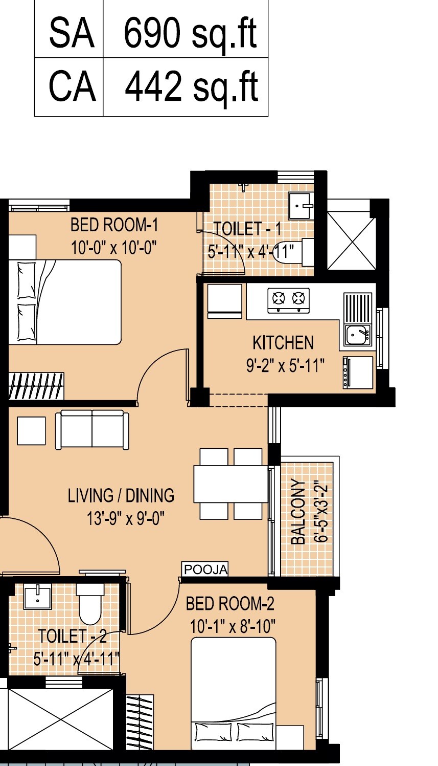 Floor plan of 2 BHK 690 Sq. Ft. Apartment in Arun Excello Sharada, Chennai
