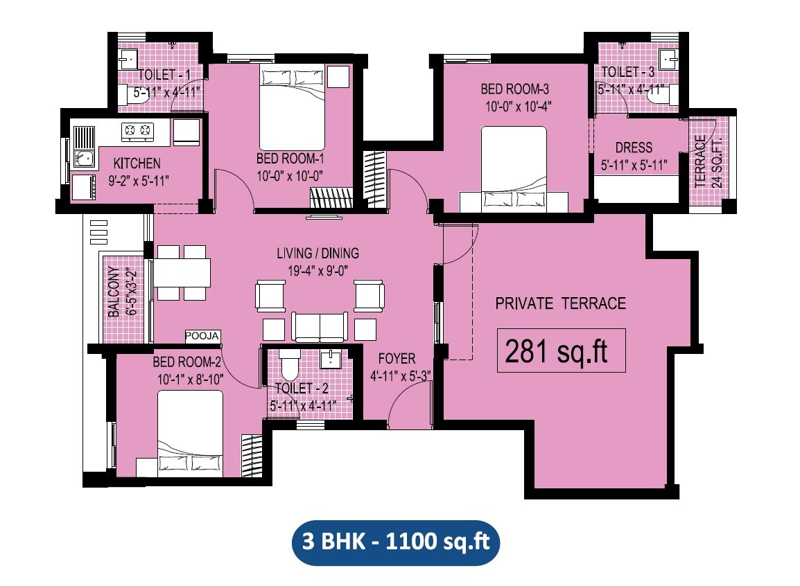 Floor plan of 3 BHK 1100 Sq. Ft. Apartment in Arun Excello Sharada, Chennai