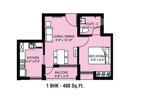 Floor plan of 1 BHK 480 Sq. Ft. Apartment in Arun Excello SINDHURAA, Chennai