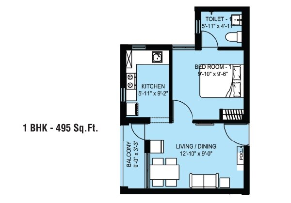 Floor plan of 1 BHK 495 Sq. Ft. Apartment in Arun Excello SINDHURAA, Chennai