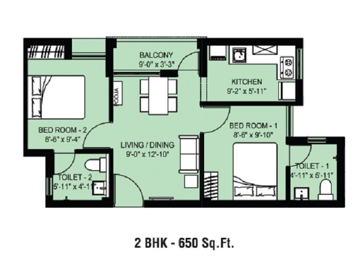 Floor plan of 2 BHK 650 Sq. Ft. Apartment in Arun Excello SINDHURAA, Chennai