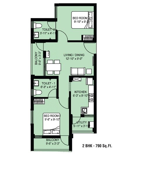 Floor plan of 2 BHK 790 Sq. Ft. Apartment in Arun Excello SINDHURAA, Chennai