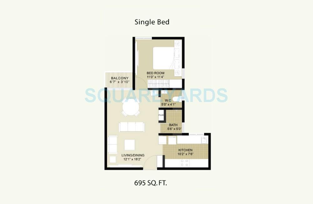 1 BHK 695 Sq. Ft. Apartment