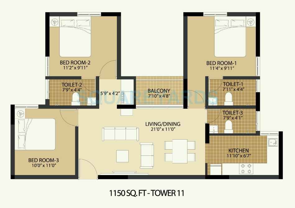 3 BHK 1150 Sq. Ft. Apartment