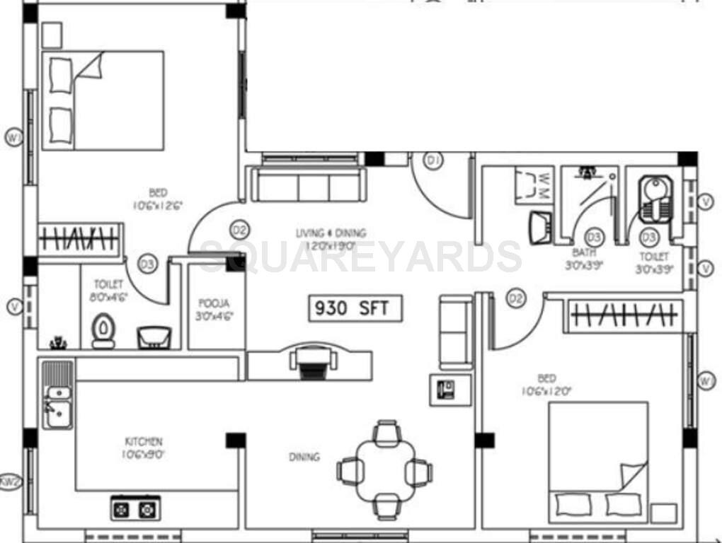 Floor plan of 2 BHK 930 Sq. Ft. Apartment in Arun Excello Thillana, Chennai