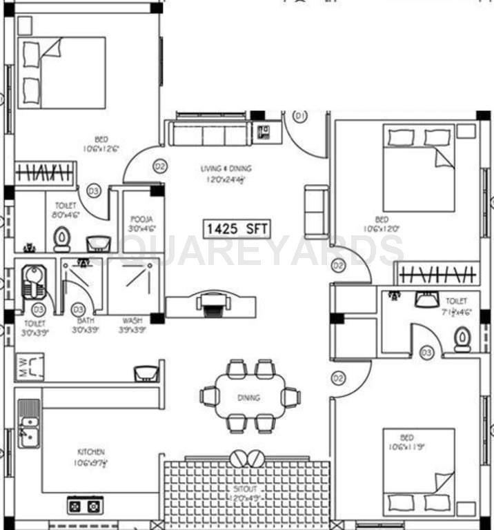 Floor plan of 3 BHK 1425 Sq. Ft. Apartment in Arun Excello Thillana, Chennai