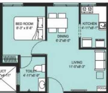 Floor plan of 1 BHK 595 Sq. Ft. Apartment in Arun Excello Urmika, Chennai
