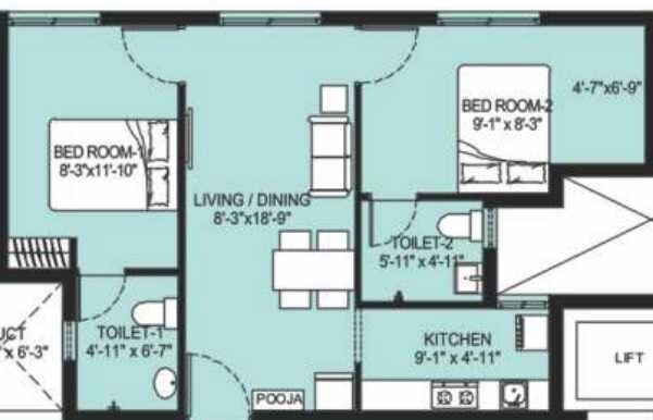 Floor plan of 2 BHK 643 Sq. Ft. Apartment in Arun Excello Urmika, Chennai