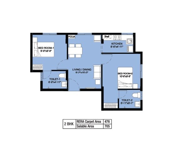 Floor plan of 2 BHK 705 Sq. Ft. Apartment in Arun Lalitha, Chennai