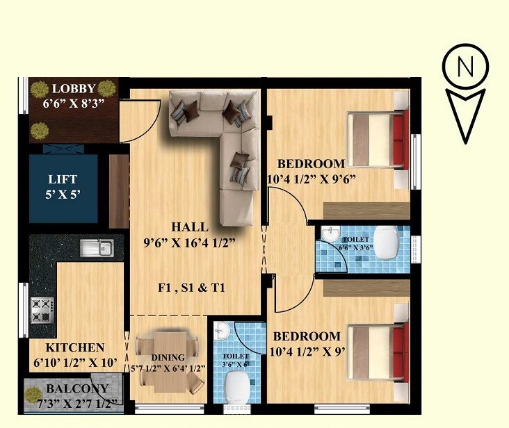 Floor plan of 2 BHK 749 Sq. Ft. Apartment in AS Sun Castle, Chennai