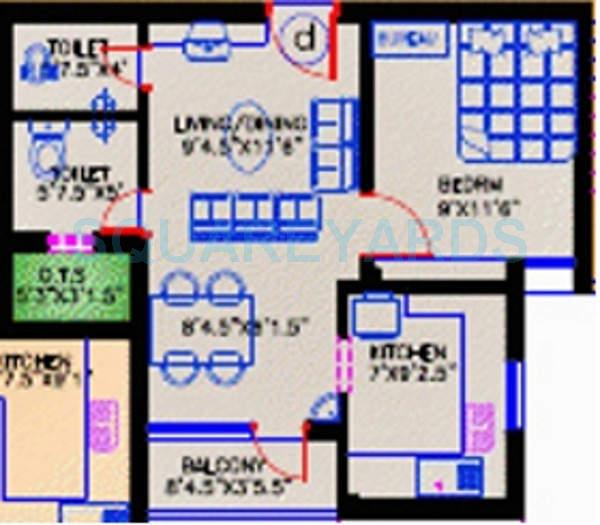 Floor plan of 1 BHK 521 Sq. Ft. Apartment in Ashok Residency Housing Division Niranjan, Chennai