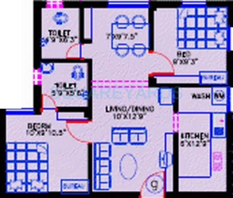 Floor plan of 2 BHK 665 Sq. Ft. Apartment in Ashok Residency Housing Division Niranjan, Chennai
