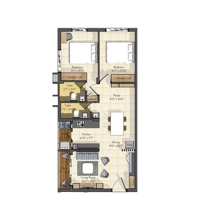 Floor plan of 2 BHK 990 Sq. Ft. Apartment in Associated Prashanth Apartments, Chennai