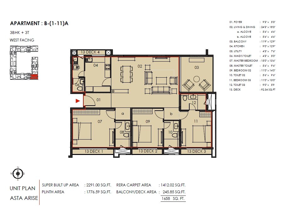 Floor plan of 3 BHK 2291 Sq. Ft. Apartment in Asta Arise, Chennai
