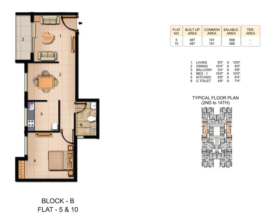 Floor plan of 1 BHK 588 Sq. Ft. Apartment in Asvini Akila Heights, Chennai
