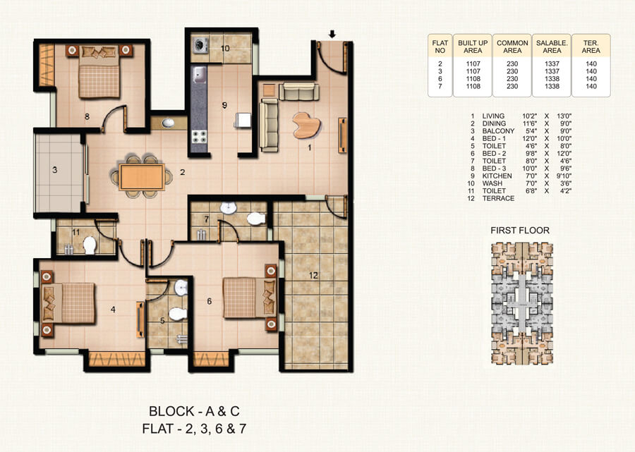 Floor plan of 3 BHK 1338 Sq. Ft. Apartment in Asvini Akila Heights, Chennai