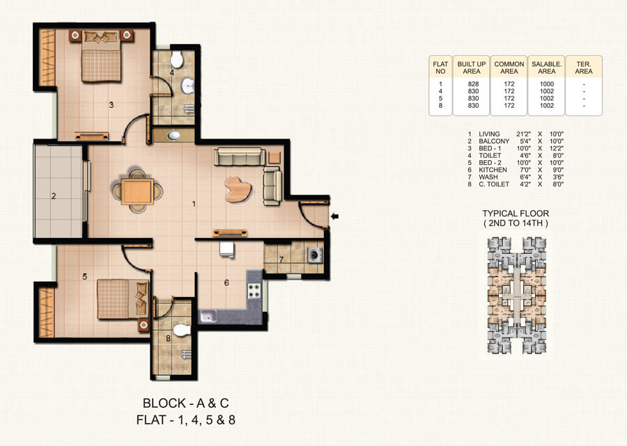 Floor plan of 2 BHK 1002 Sq. Ft. Apartment in Asvini Akila Heights, Chennai