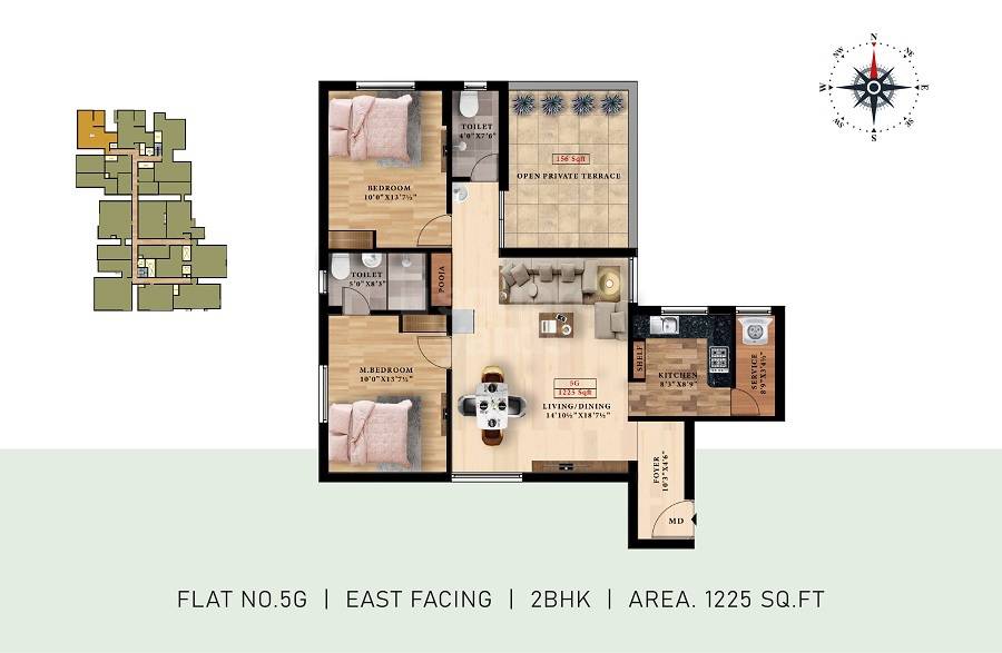 Floor plan of 2 BHK 1225 Sq. Ft. Apartment in ATH Crown, Chennai