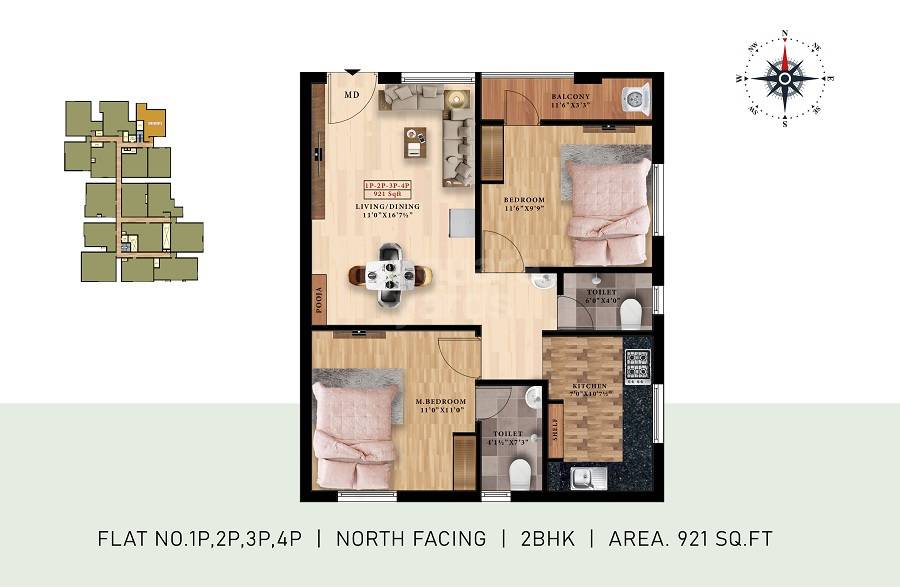 Floor plan of 2 BHK 921 Sq. Ft. Apartment in ATH Crown, Chennai