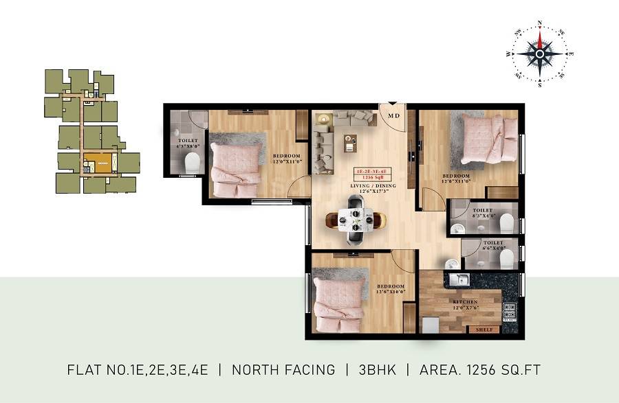 Floor plan of 3 BHK 1256 Sq. Ft. Apartment in ATH Crown, Chennai