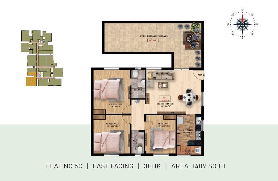 Floor plan of 3 BHK 1409 Sq. Ft. Apartment in ATH Crown, Chennai