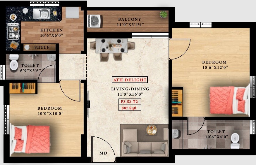 Floor plan of 2 BHK 887 Sq. Ft. Apartment in ATH Delight, Chennai