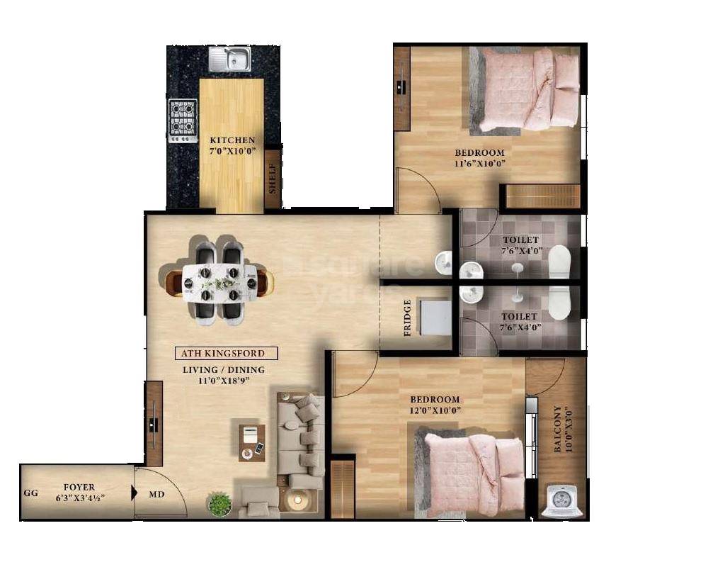Floor plan of 2 BHK 1049 Sq. Ft. Apartment in ATH Kingsford, Chennai