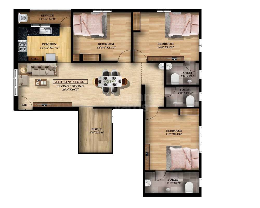 Floor plan of 3 BHK 1350 Sq. Ft. Apartment in ATH Kingsford, Chennai