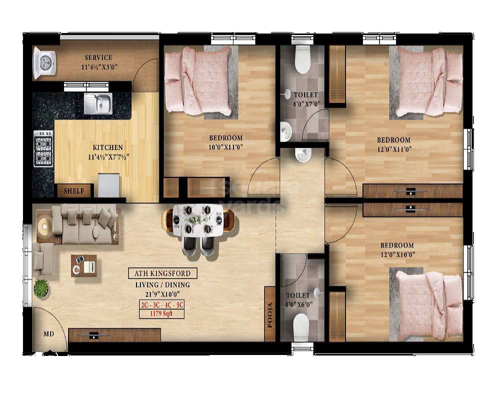 Floor plan of 3 BHK 1179 Sq. Ft. Apartment in ATH Kingsford, Chennai