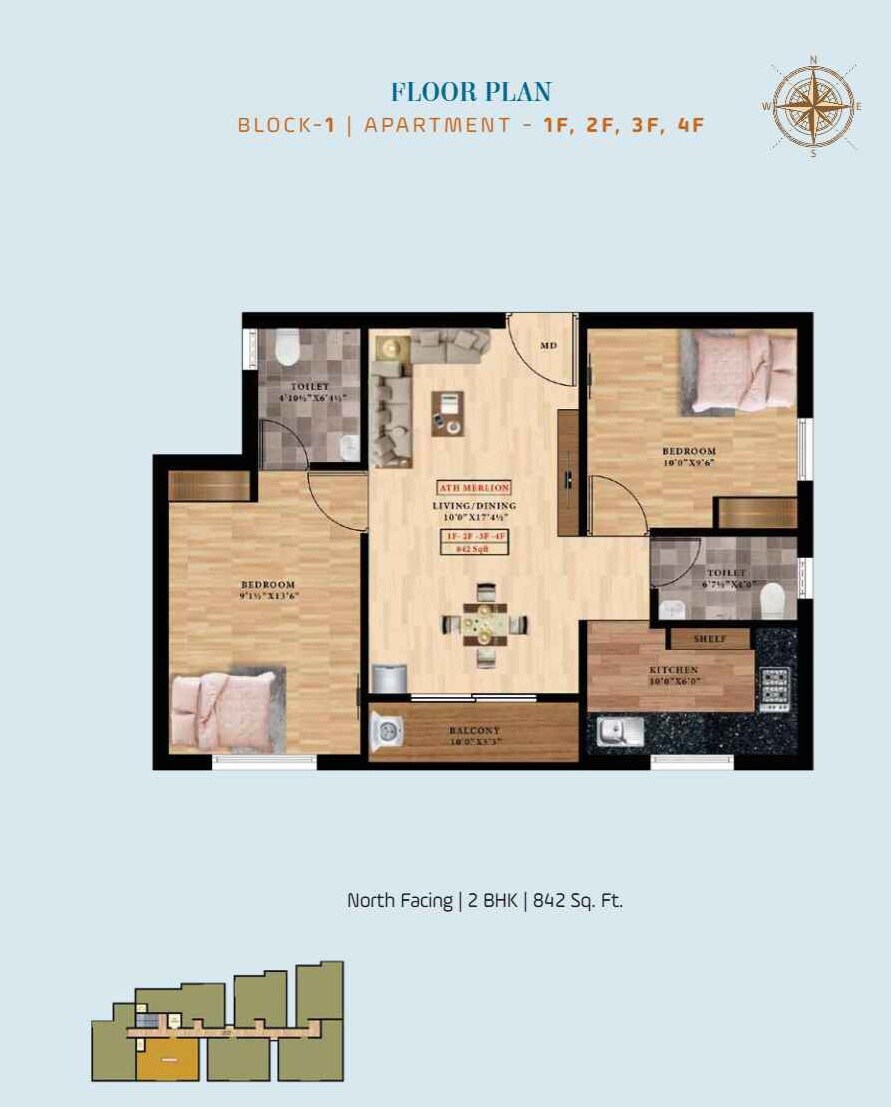 Floor plan of 2 BHK 842 Sq. Ft. Apartment in ATH Merlion, Chennai