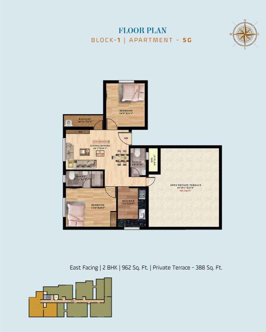 Floor plan of 2 BHK 962 Sq. Ft. Apartment in ATH Merlion, Chennai