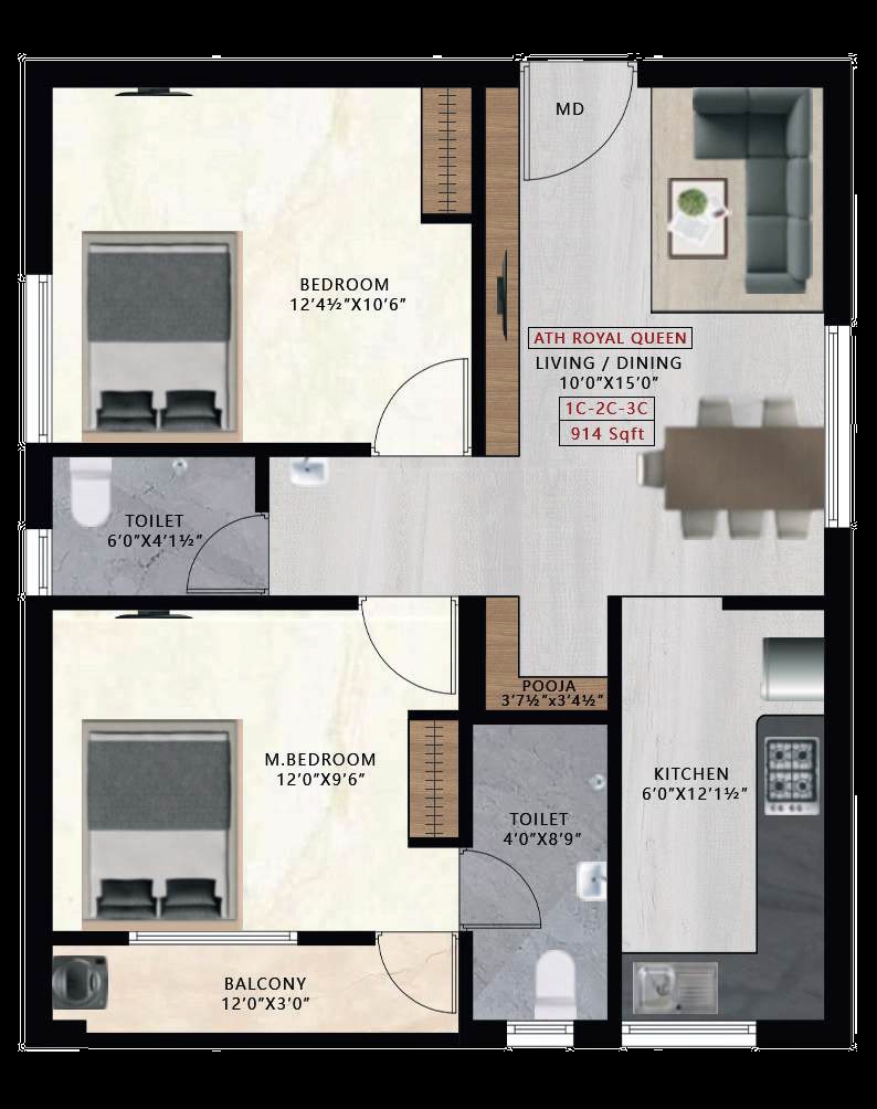 2 BHK 914 Sq. Ft. Apartment in ATH Royal Queen