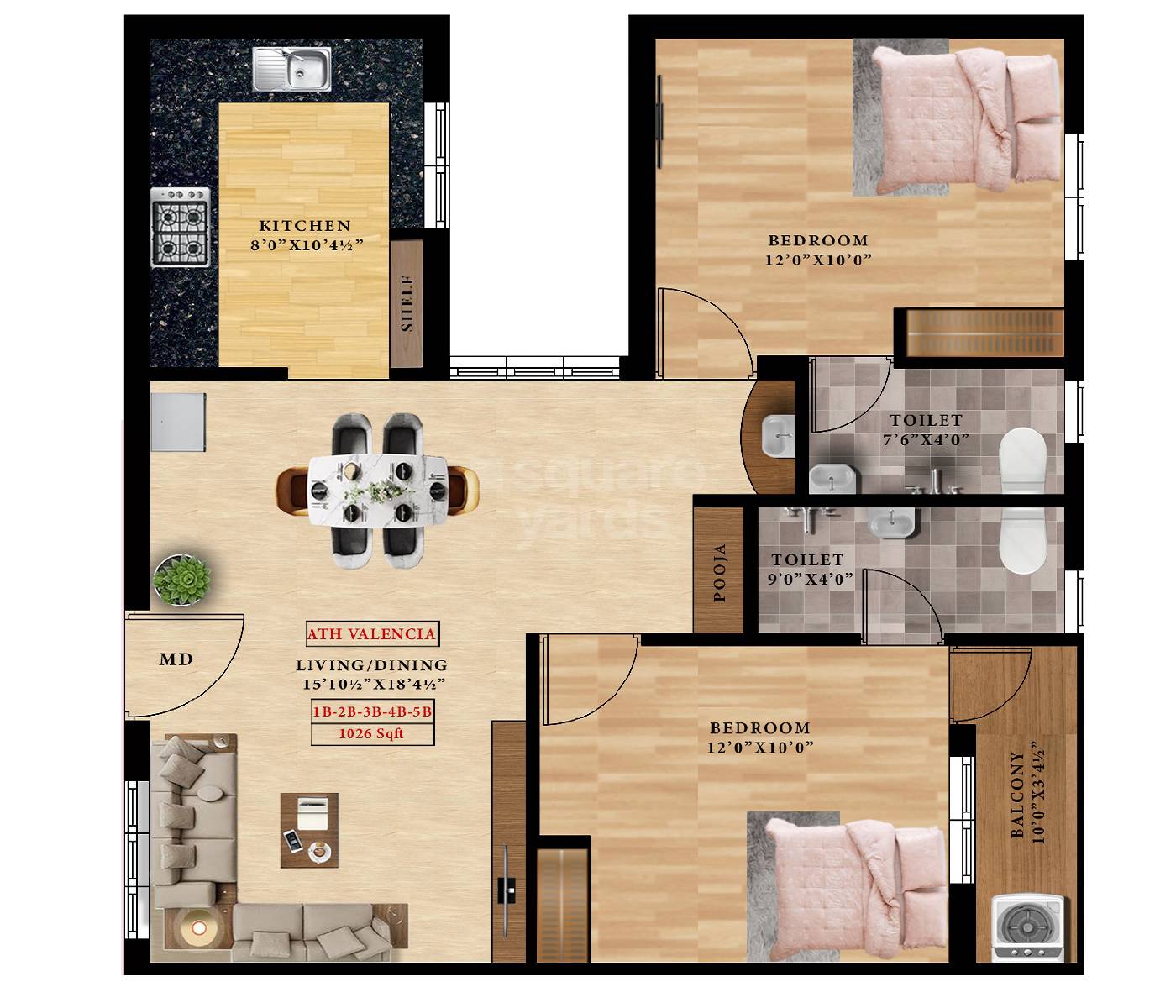Floor plan of 2 BHK 1026 Sq. Ft. Apartment in ATH Valencia, Chennai