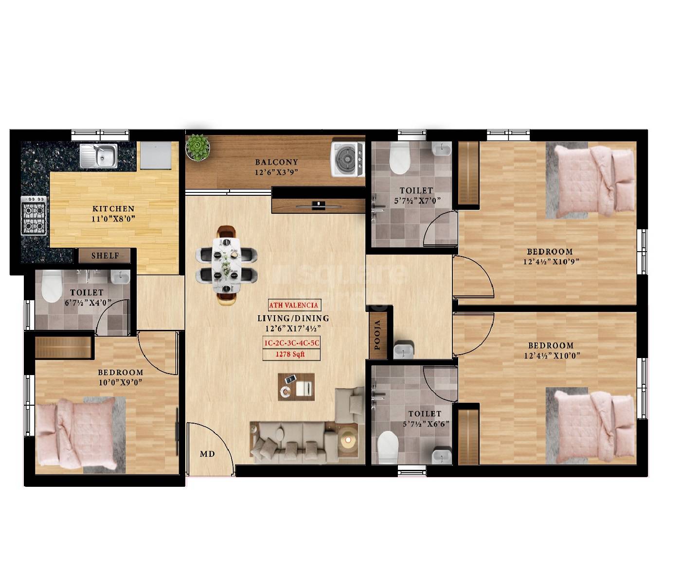 Floor plan of 3 BHK 1278 Sq. Ft. Apartment in ATH Valencia, Chennai