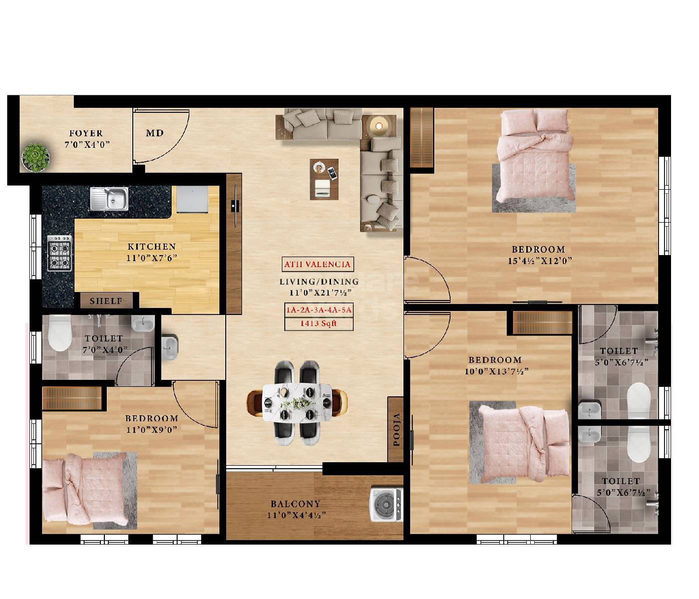 Floor plan of 3 BHK 1413 Sq. Ft. Apartment in ATH Valencia, Chennai