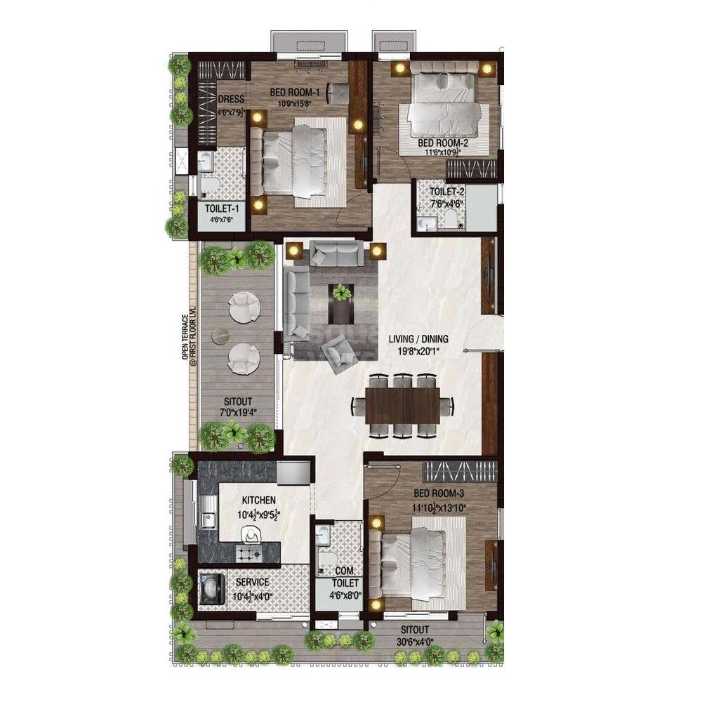 Floor plan of 3 BHK 1192 Sq. Ft. Apartment in Atria Aikya, Chennai